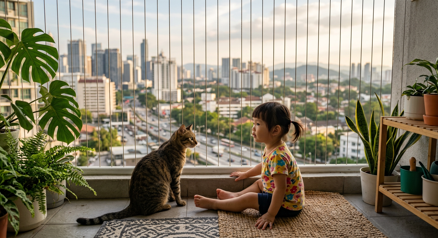 Baby and cat sitting together safely behind invisible grill on balcony