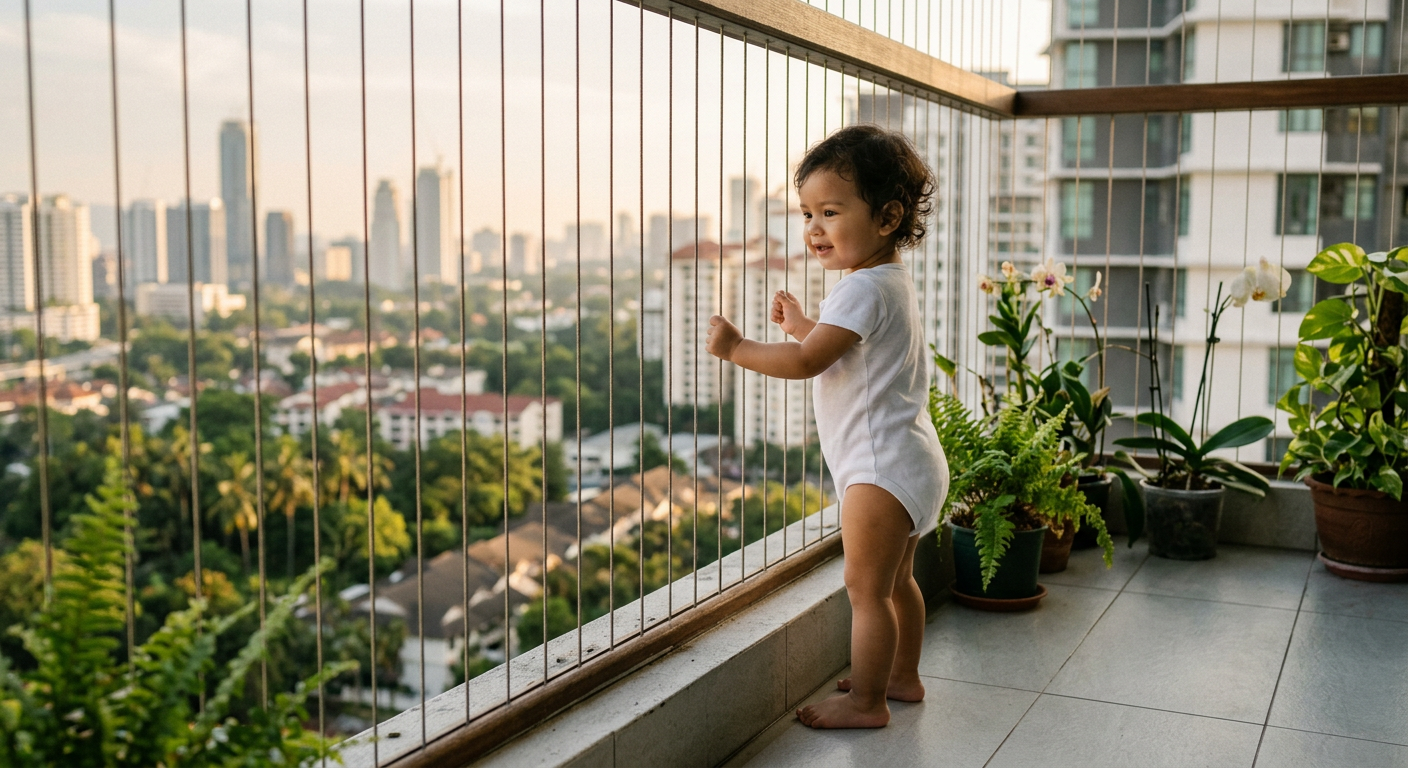 Toddler safely behind invisible grill on balcony
