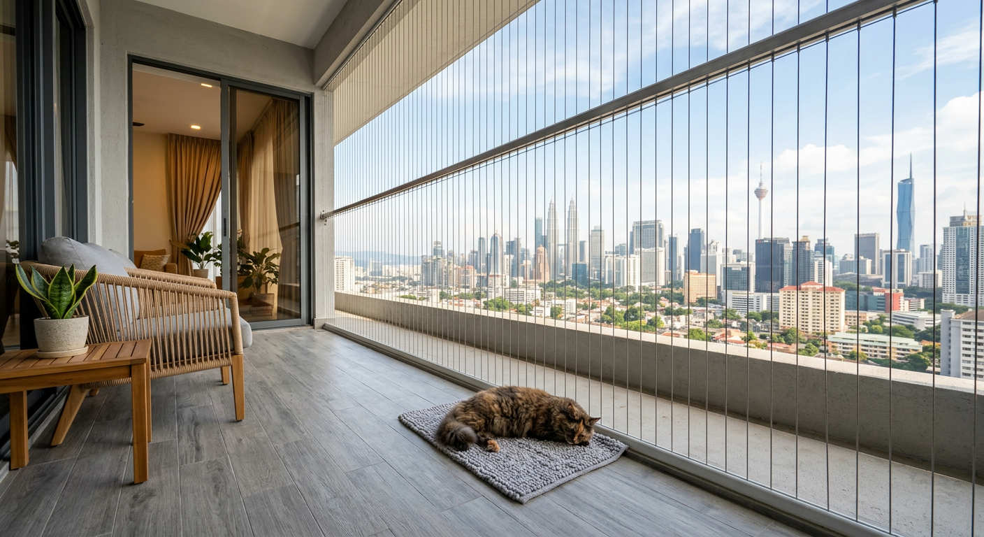 Cat safe on balcony with invisible grill installed