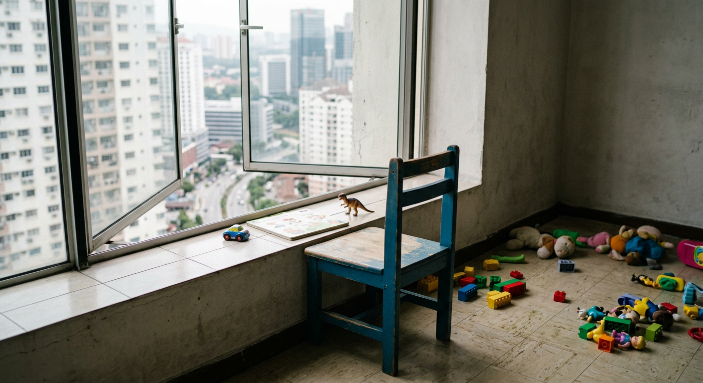 Chair pushed against window sill in Malaysian apartment showing child safety hazard