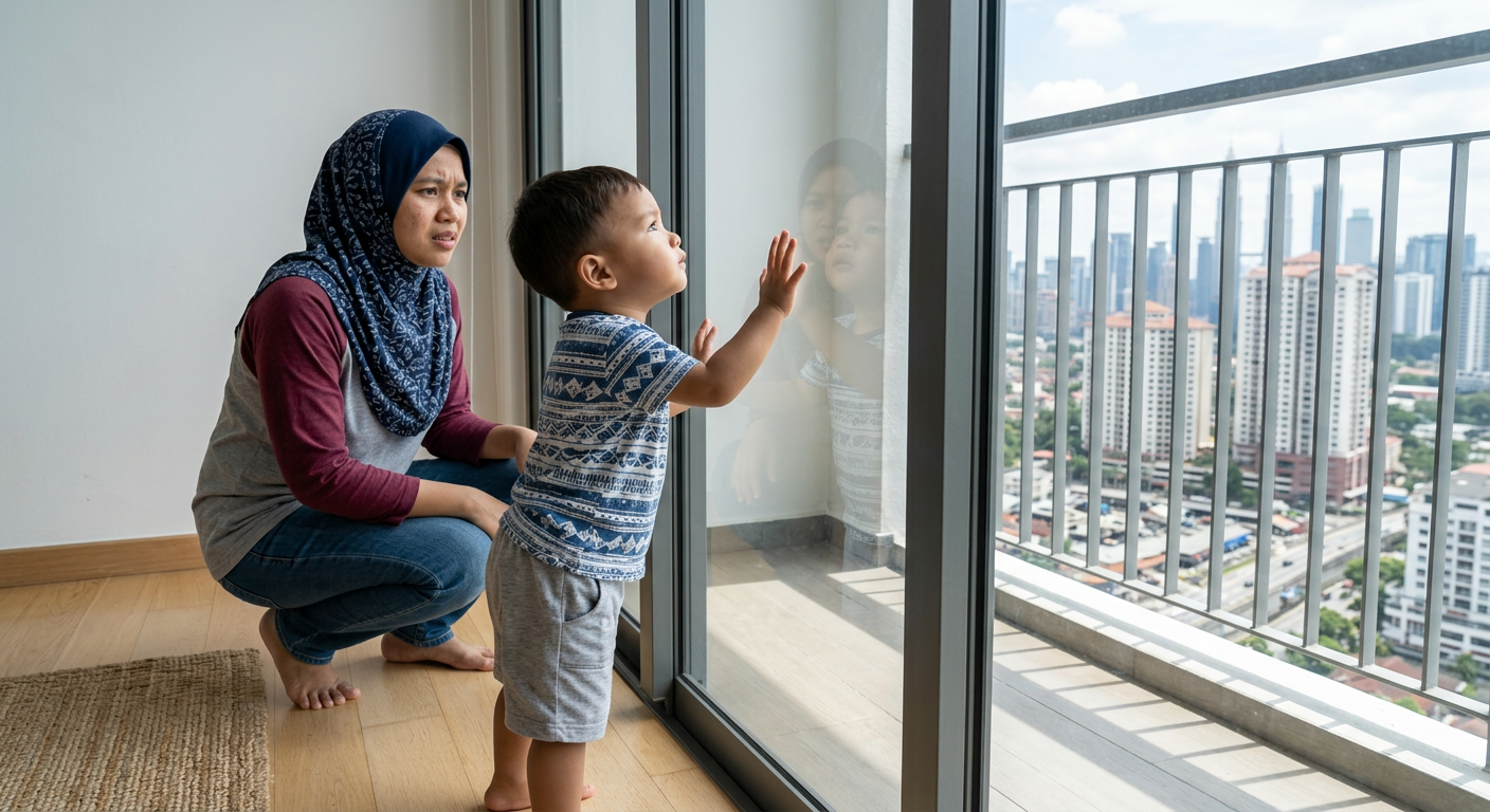 Curious Malaysian toddler reaching toward a balcony glass door in a high-rise condo