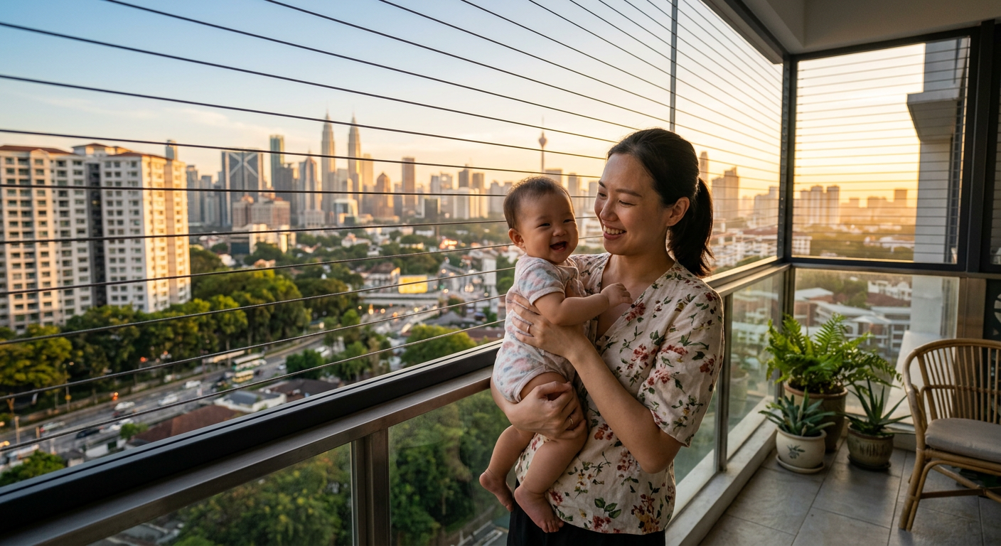 Malaysian mother holding baby safely on condo balcony with invisible grill installed