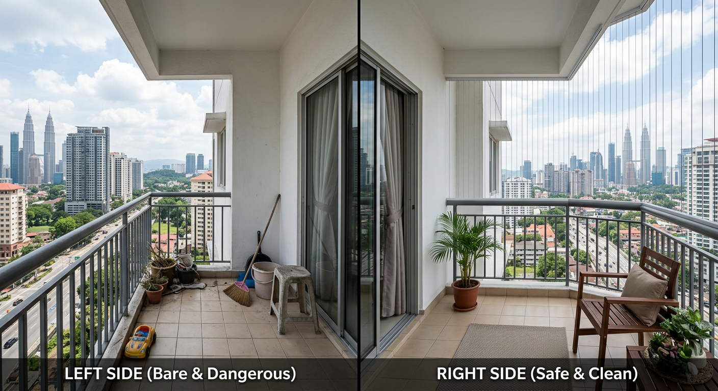 Before and after comparison of Malaysian condo balcony with invisible grill installation