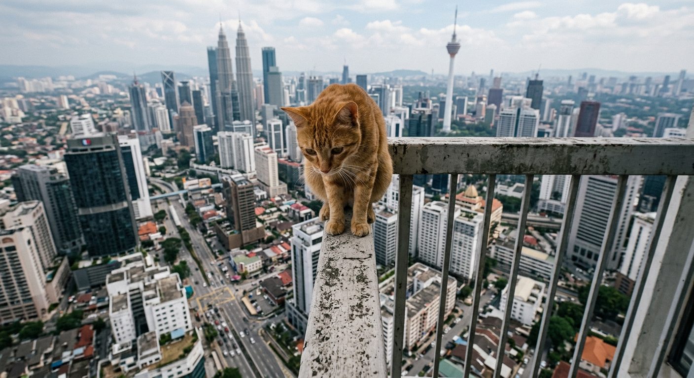Cat sitting dangerously on a high-rise balcony railing in Malaysia