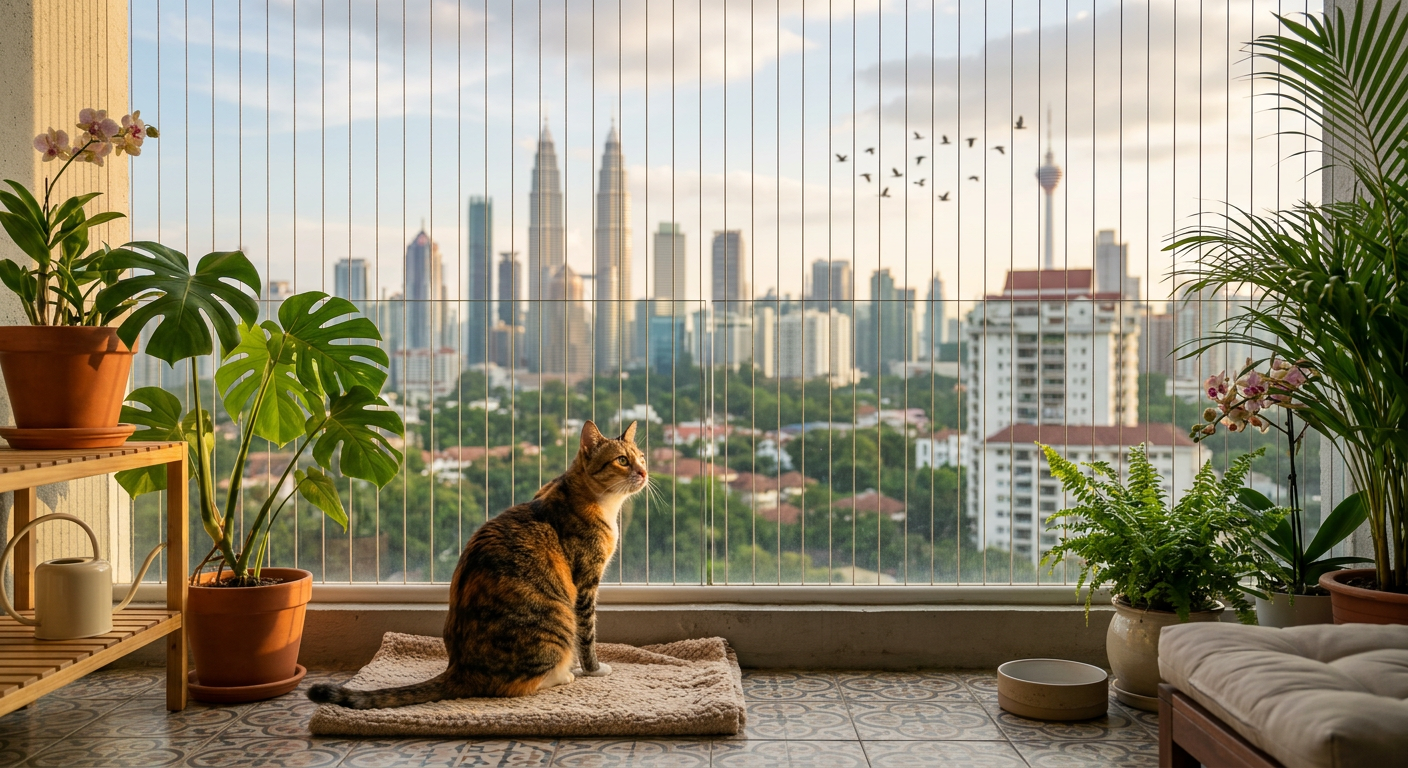 Happy cat sitting safely behind invisible grill cables on a Malaysian condo balcony