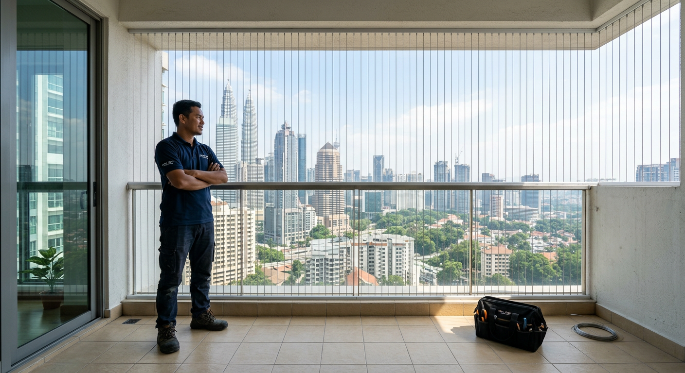 Completed invisible grill installation on a Malaysian condo balcony with nearly invisible cables