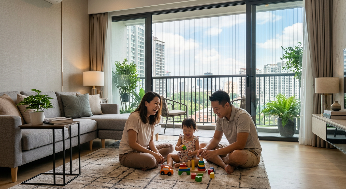 Malaysian condo living room with family and toddler, invisible grill visible on balcony for safety