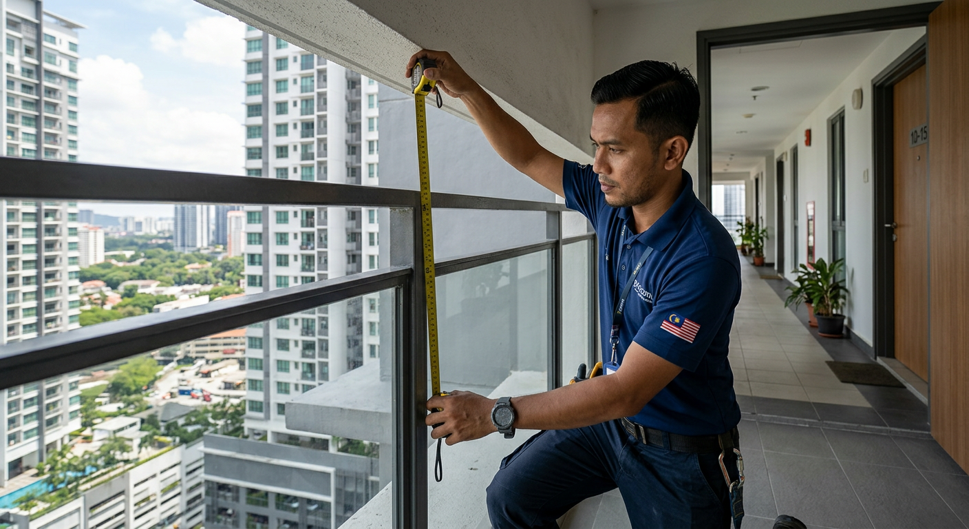 Professional Malaysian installer measuring a condo balcony railing for invisible grill installation