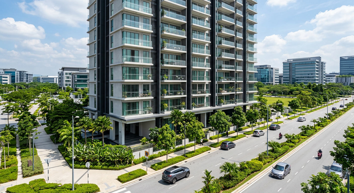 Modern apartment building in Cyberjaya tech hub with wide roads and balconies with invisible grill