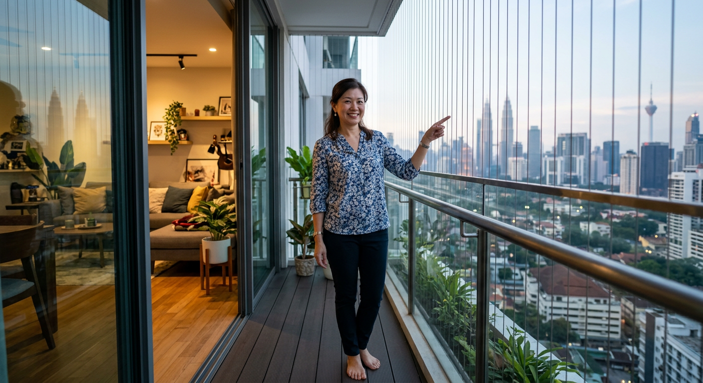 Smiling Malaysian woman proudly showing her invisible grill installation on condo balcony