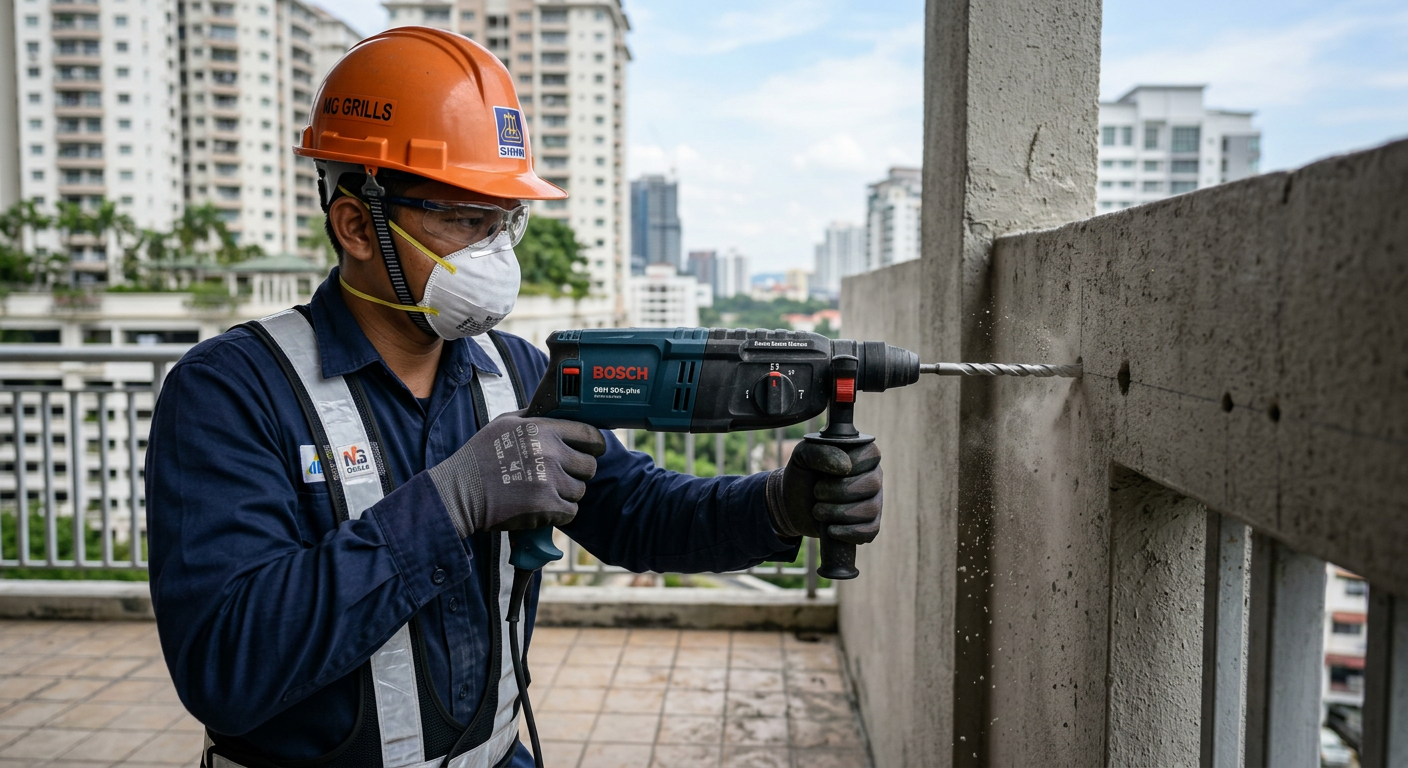 Professional installer drilling anchor points into concrete for invisible grill installation