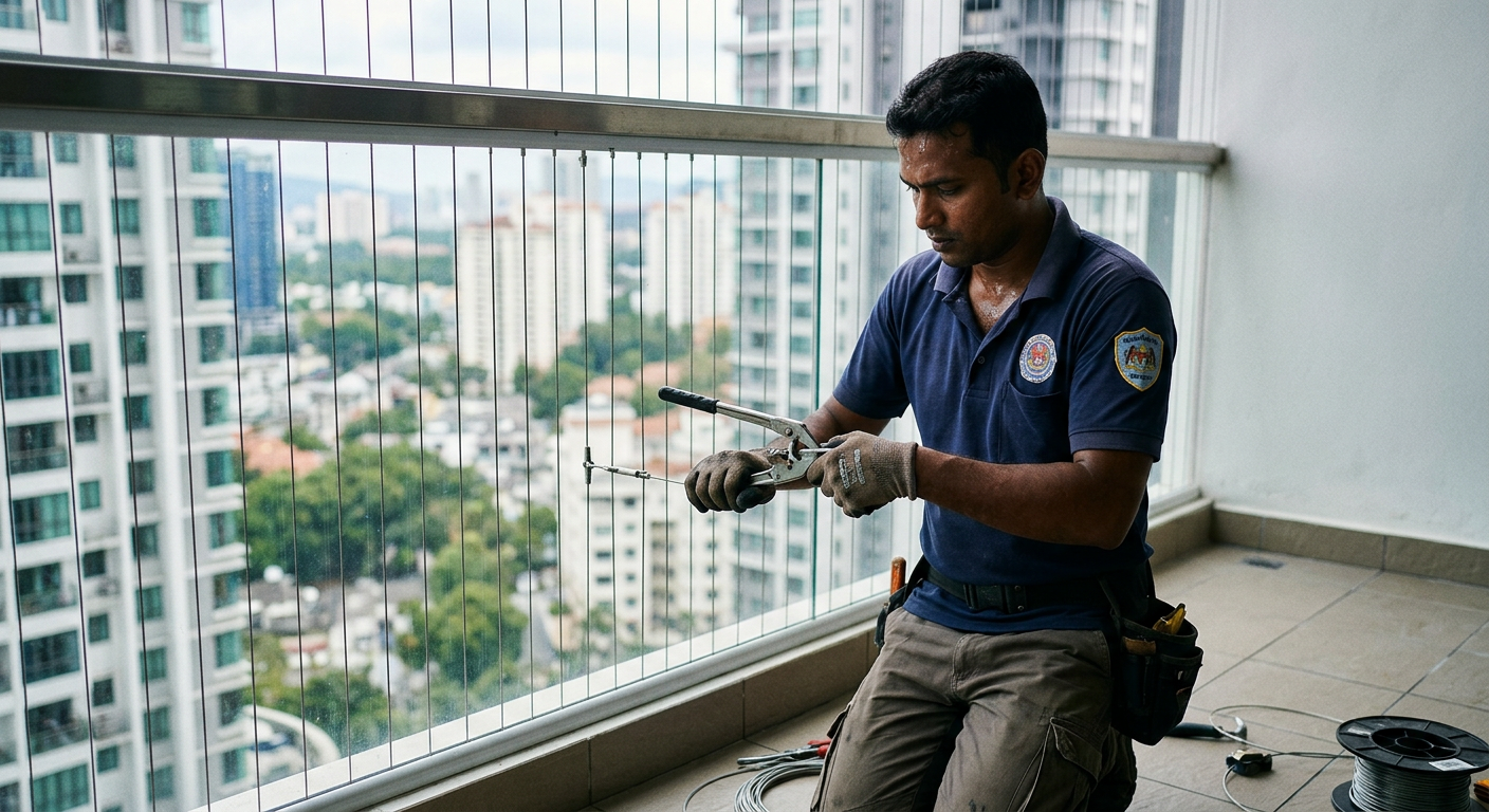 Malaysian installer tensioning stainless steel cables for invisible grill on a condo balcony