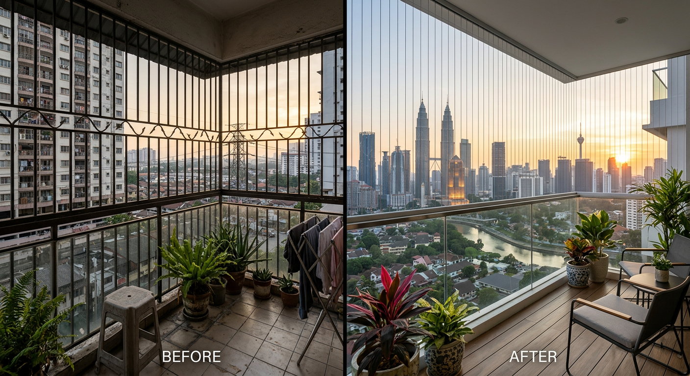 Side by side comparison of traditional metal grills versus invisible grill on Malaysian condo balconies