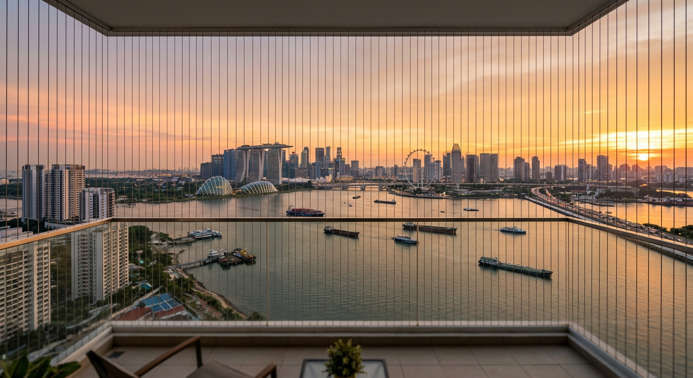 Sunset view from a Johor Bahru condo balcony looking toward Singapore across the Straits of Johor with invisible grill cables visible