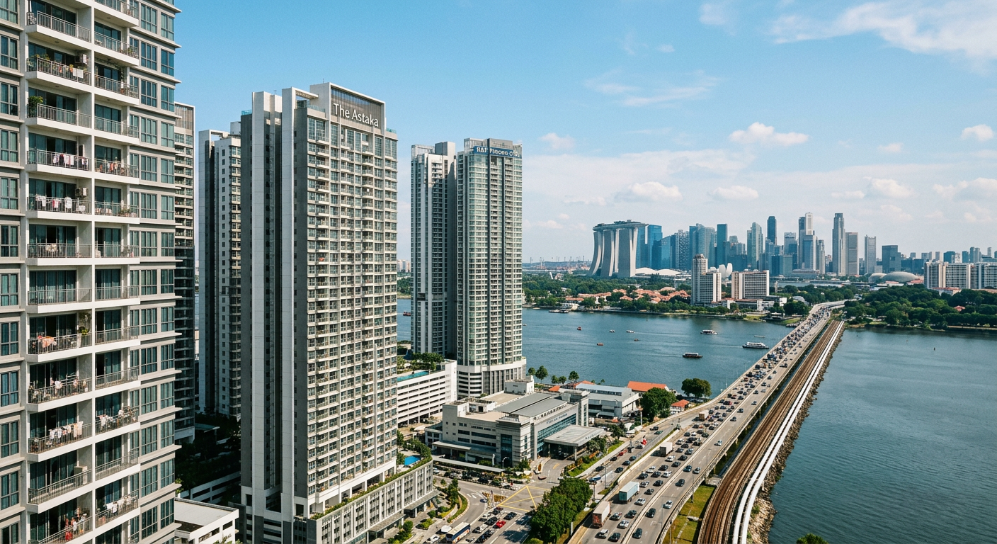 Modern condominium towers in Johor Bahru with the Causeway and Singapore skyline visible in the distance