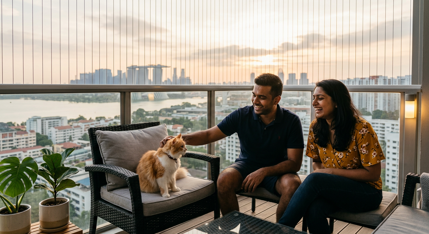 Happy Malaysian Indian couple with their cat enjoying a JB condo balcony with invisible grill installed and Singapore visible in background