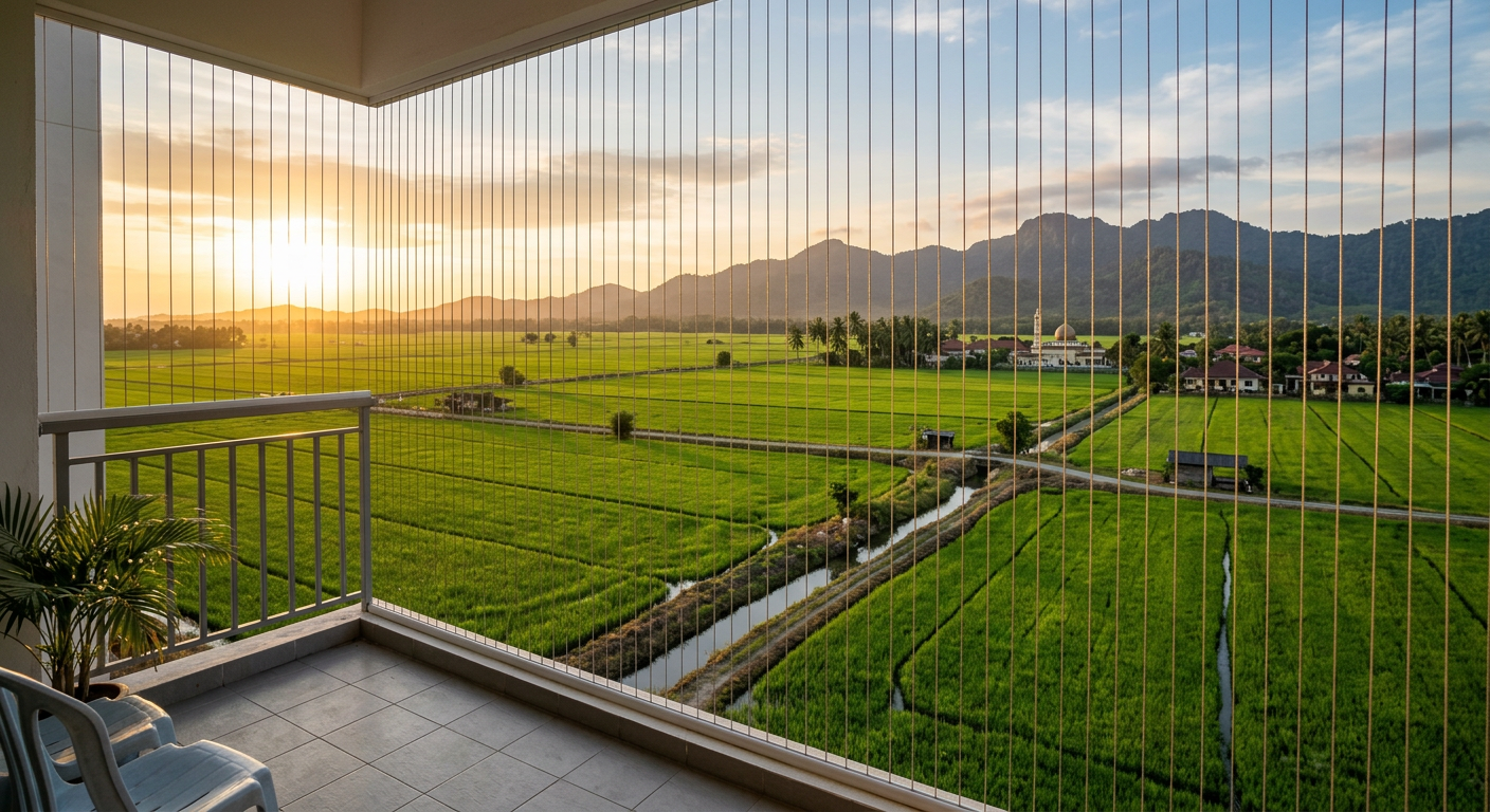 View from a Kedah apartment balcony over green rice paddy fields with invisible grill cables
