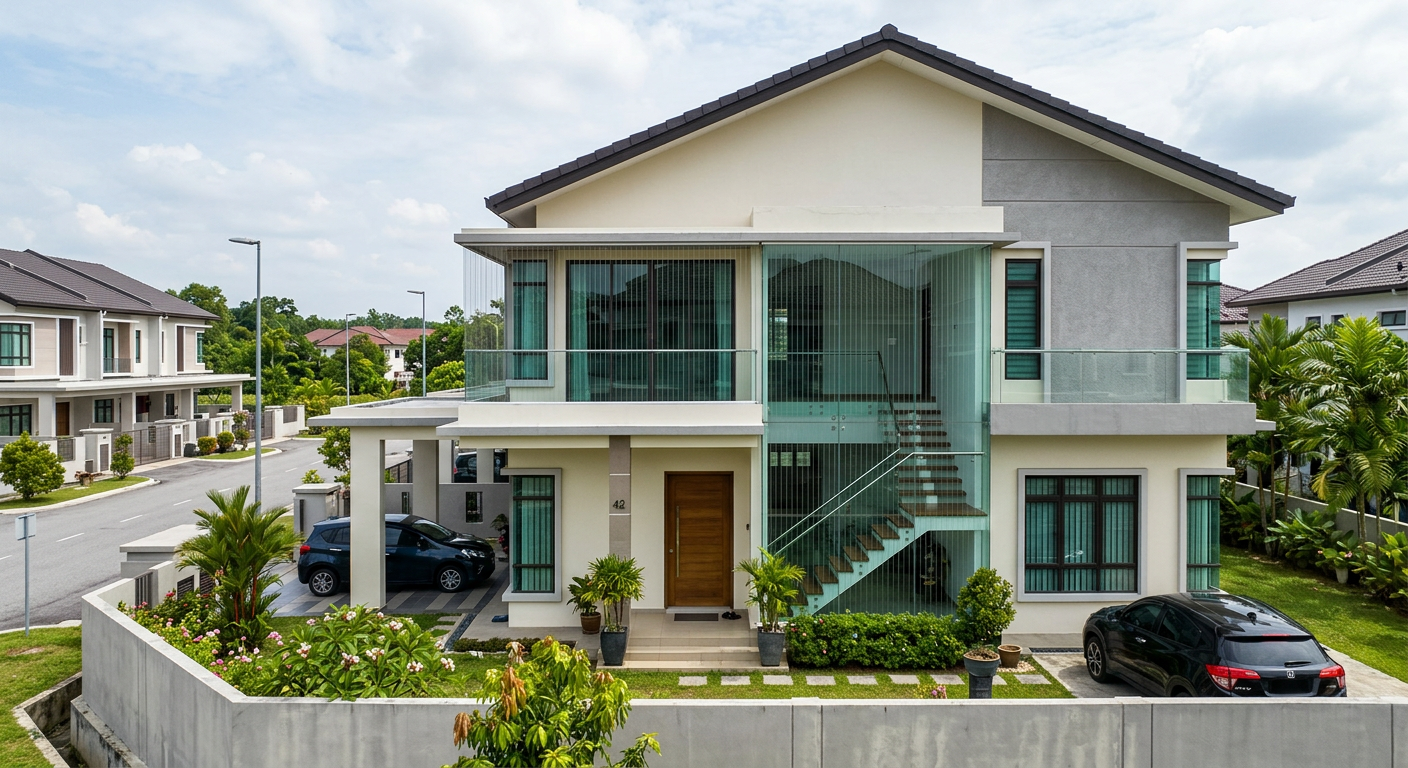 Invisible grill installed on a modern double-storey house in Kedah with window and staircase protection