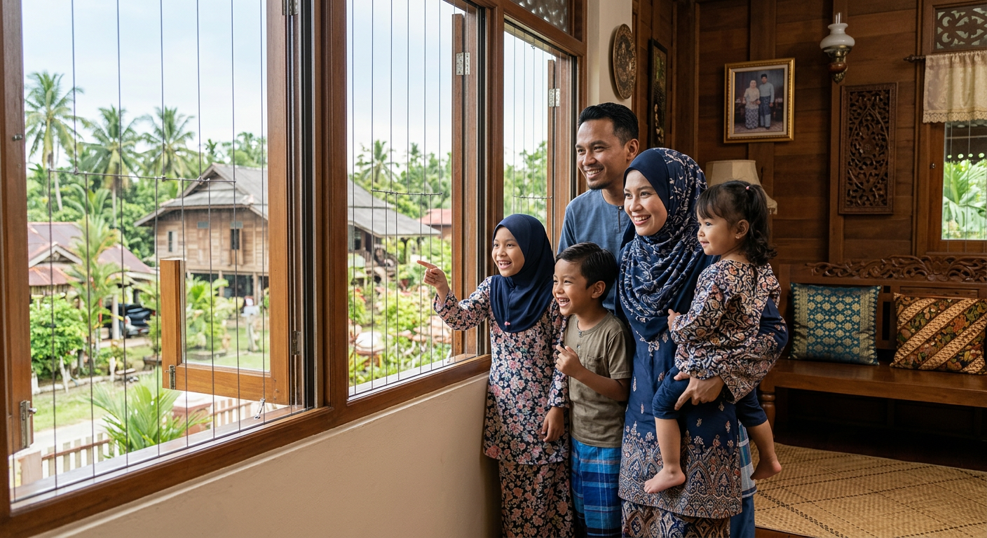 Malay family with children looking through window with invisible grill in their Kelantan home