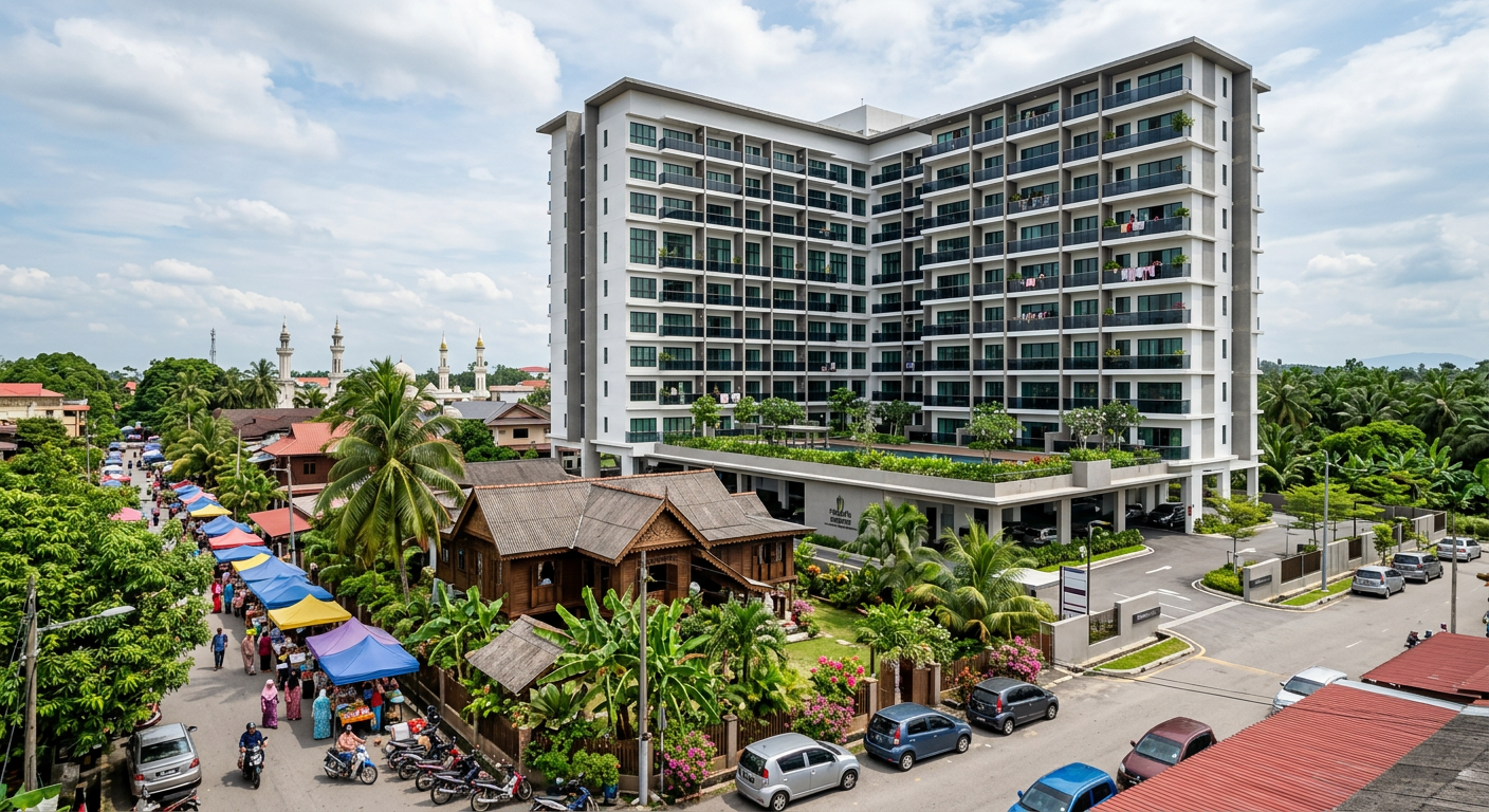 Modern apartment complex in Kota Bharu Kelantan with balconies and traditional Malay surroundings