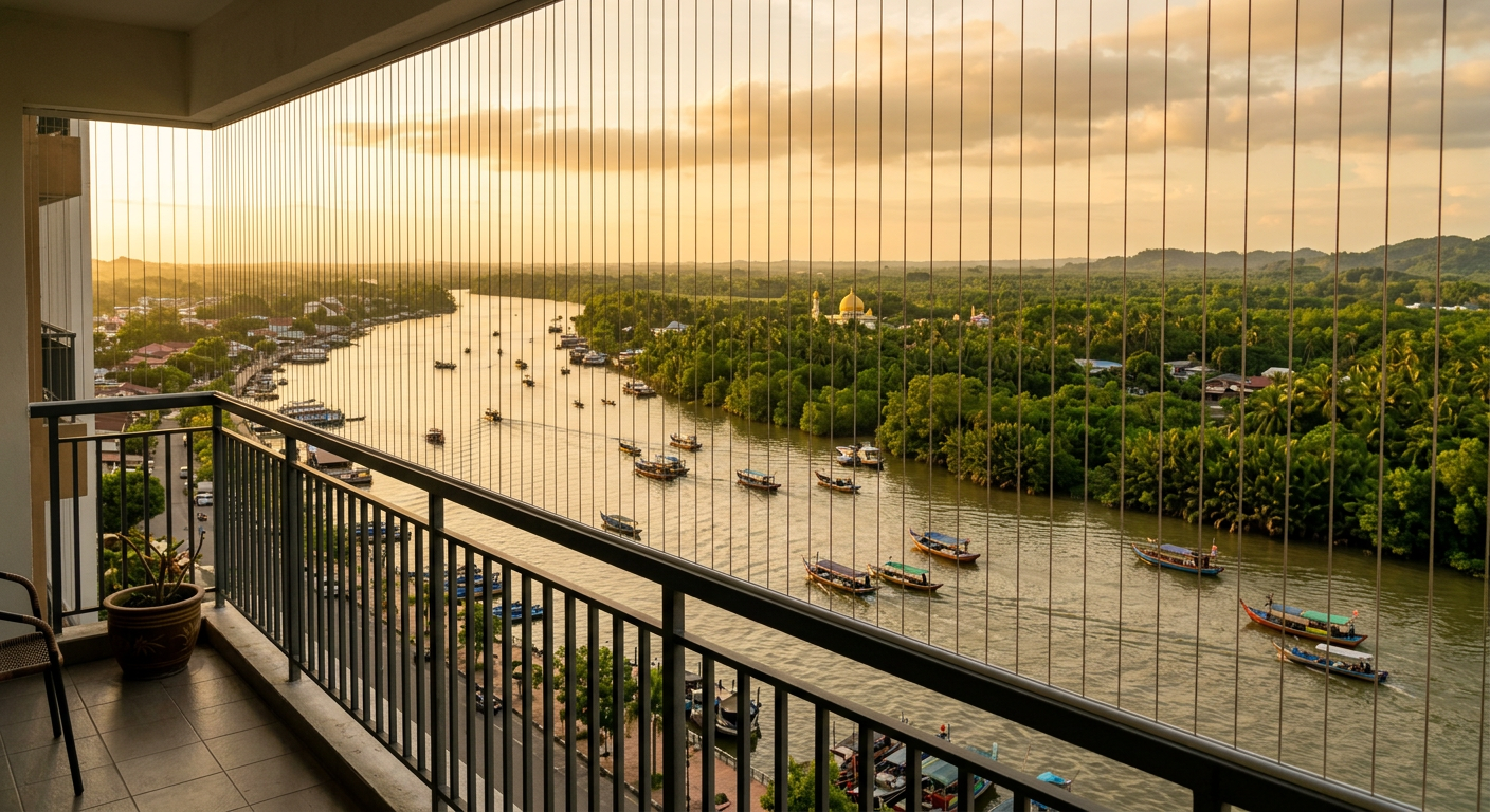 View from Kota Bharu apartment balcony overlooking Kelantan River with invisible grill cables and traditional boats