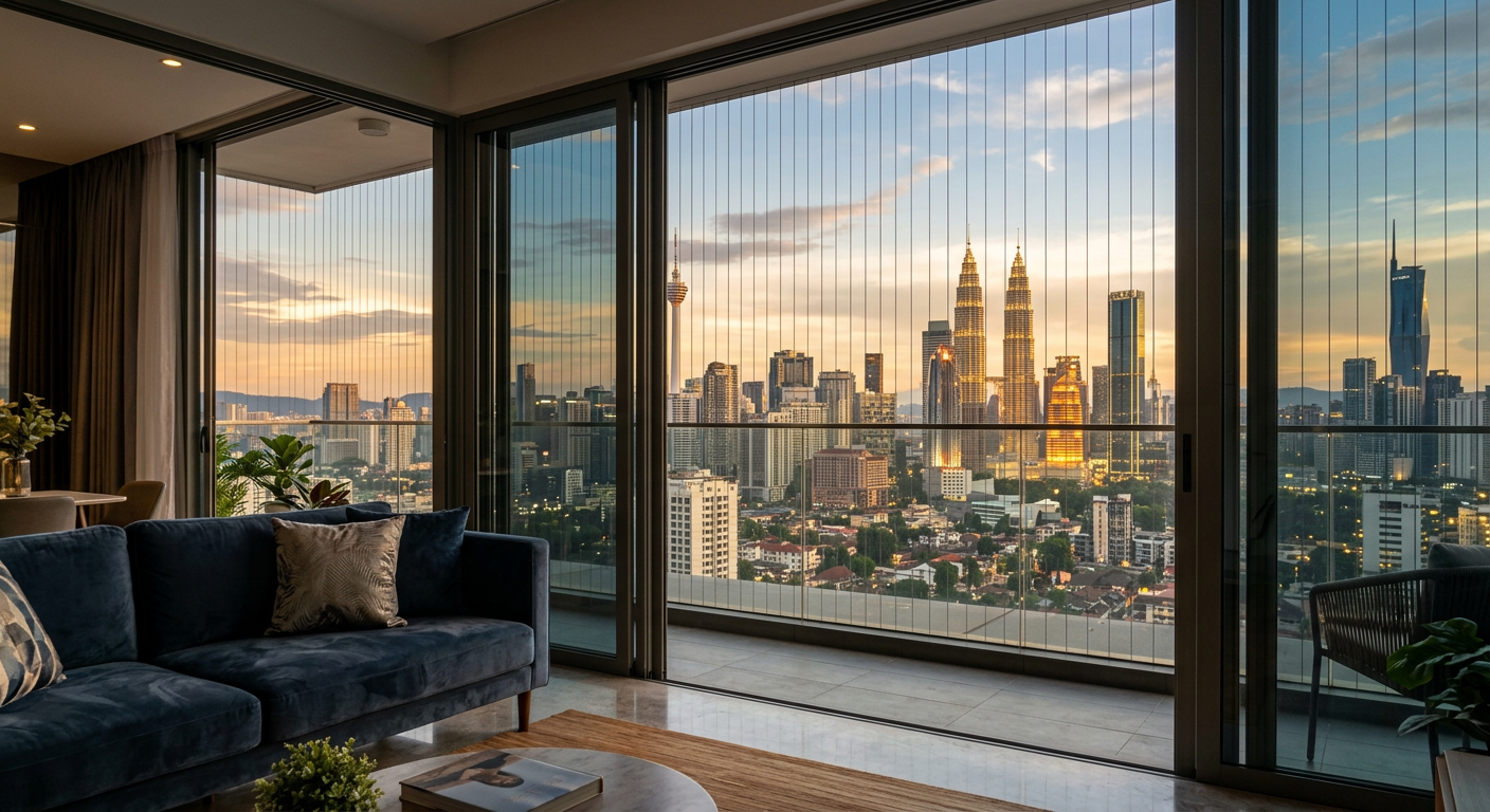View from a luxury KL condo looking through invisible grill cables at the Kuala Lumpur city skyline during golden hour