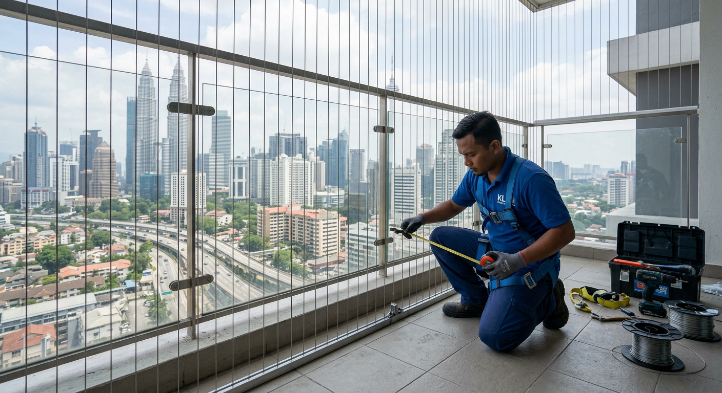 Professional invisible grill installer measuring and fitting cables on a KL high-rise condo balcony