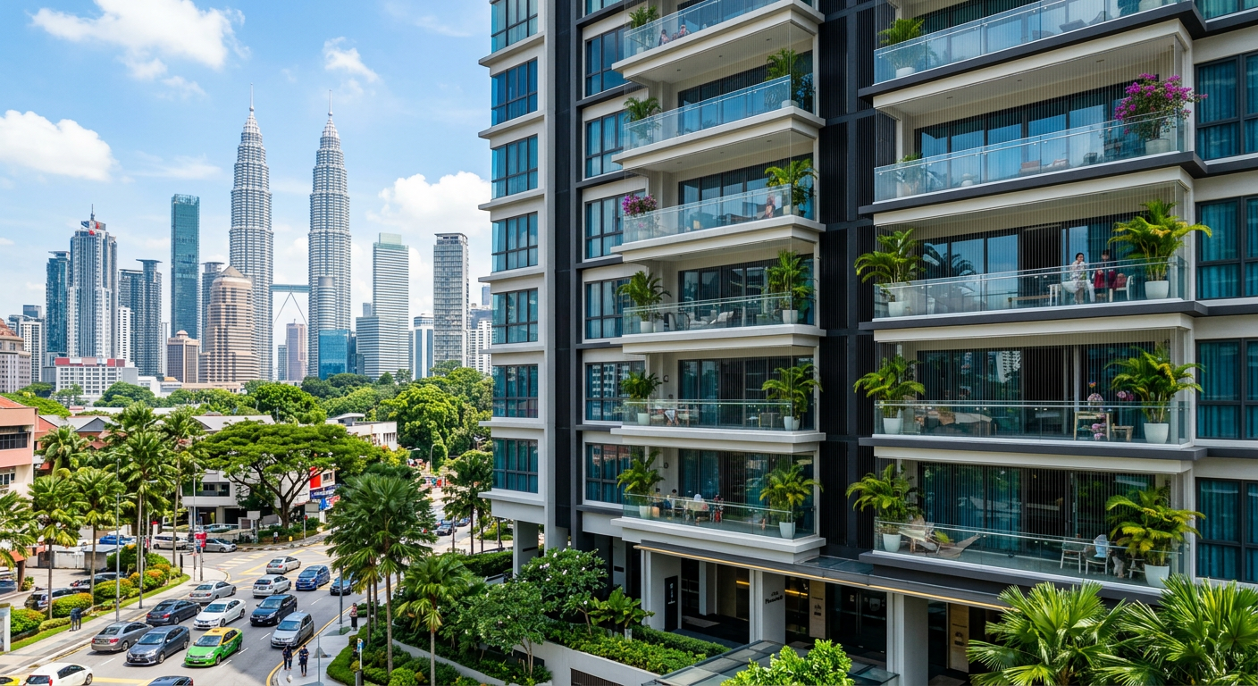 Modern condominium in Kuala Lumpur with Petronas Twin Towers in the background and invisible grill installed on balconies