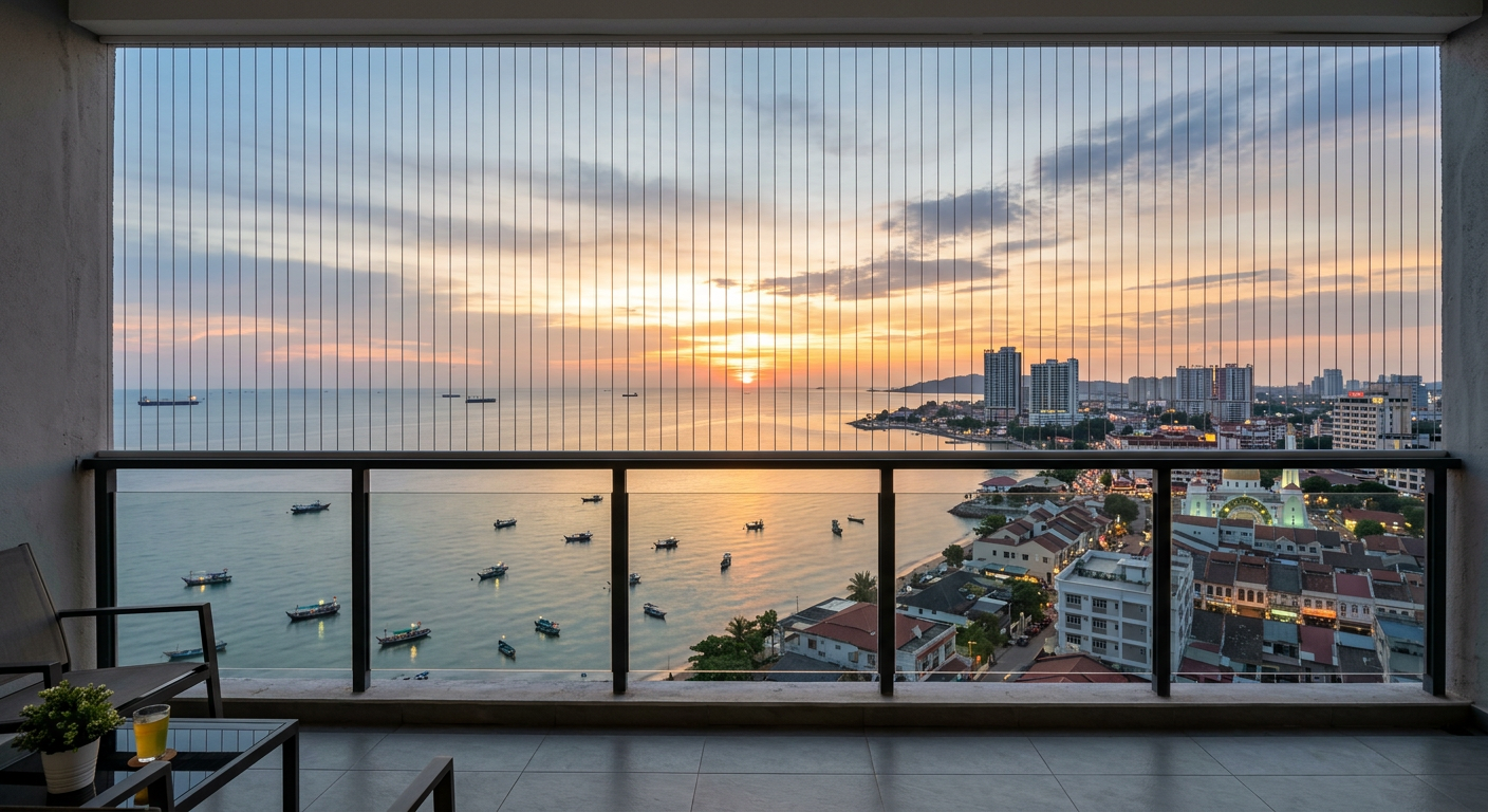 Sunset view from a Melaka condo balcony overlooking the Straits of Malacca with invisible grill cables