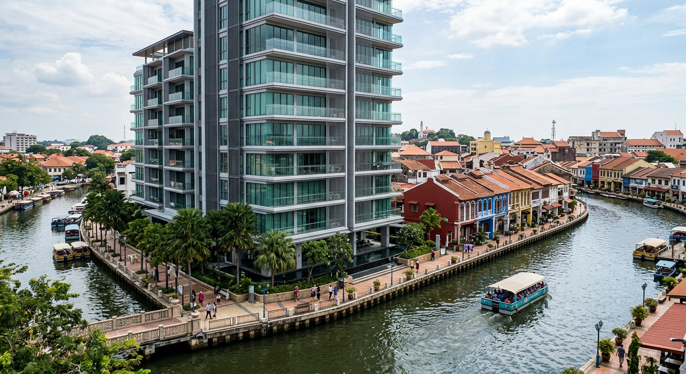 Modern condominium along the Melaka River with heritage colorful buildings and balconies