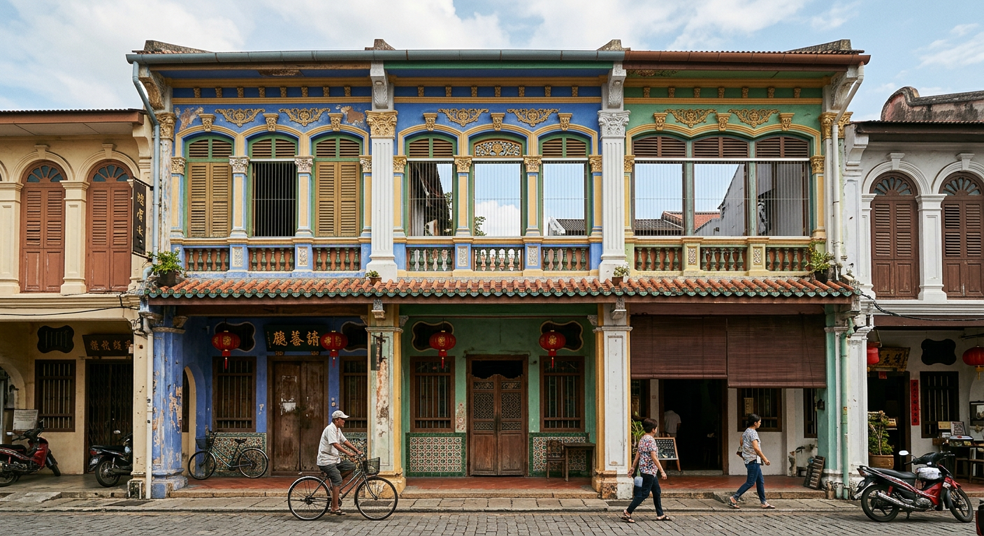 Invisible grill installed on a renovated Peranakan shophouse in Melaka old town preserving heritage facade