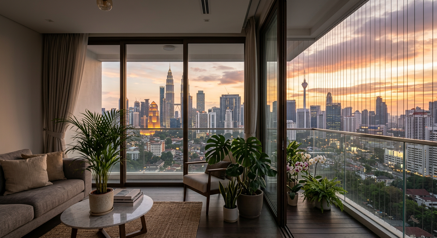Beautiful open city view from inside a modern Malaysian condo through nearly invisible grill cables