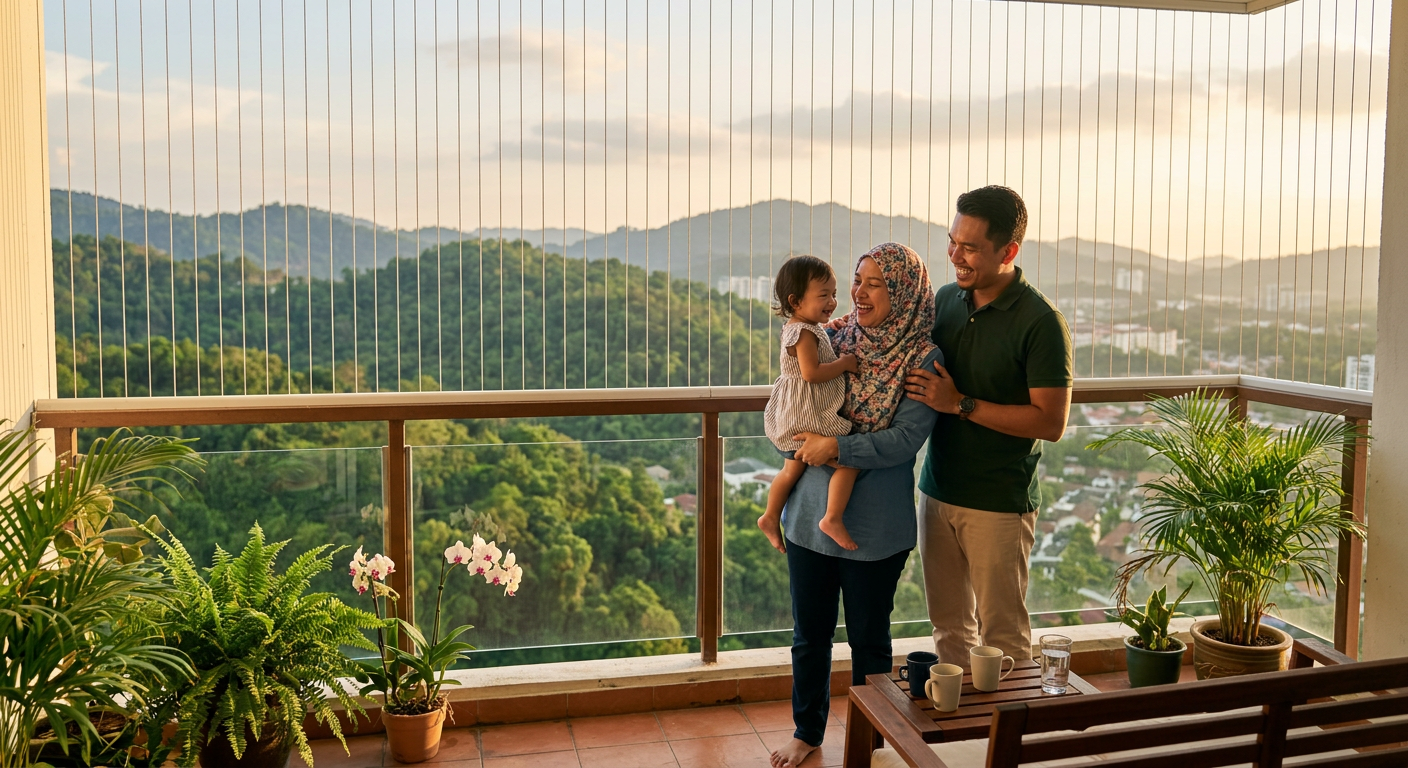 Young Malay family with toddler on Seremban apartment balcony with invisible grill and Negeri Sembilan hills