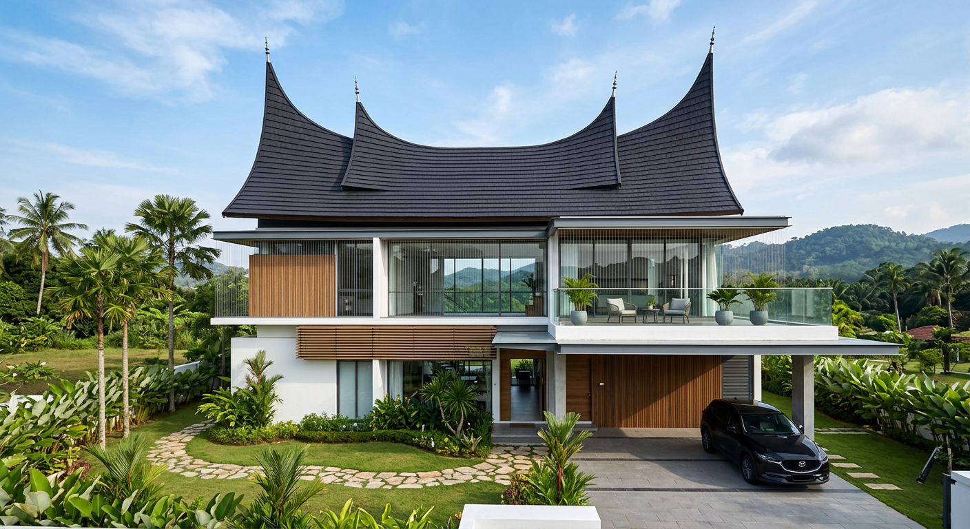Modern house in Negeri Sembilan with Minangkabau-style roof and invisible grill on upper windows