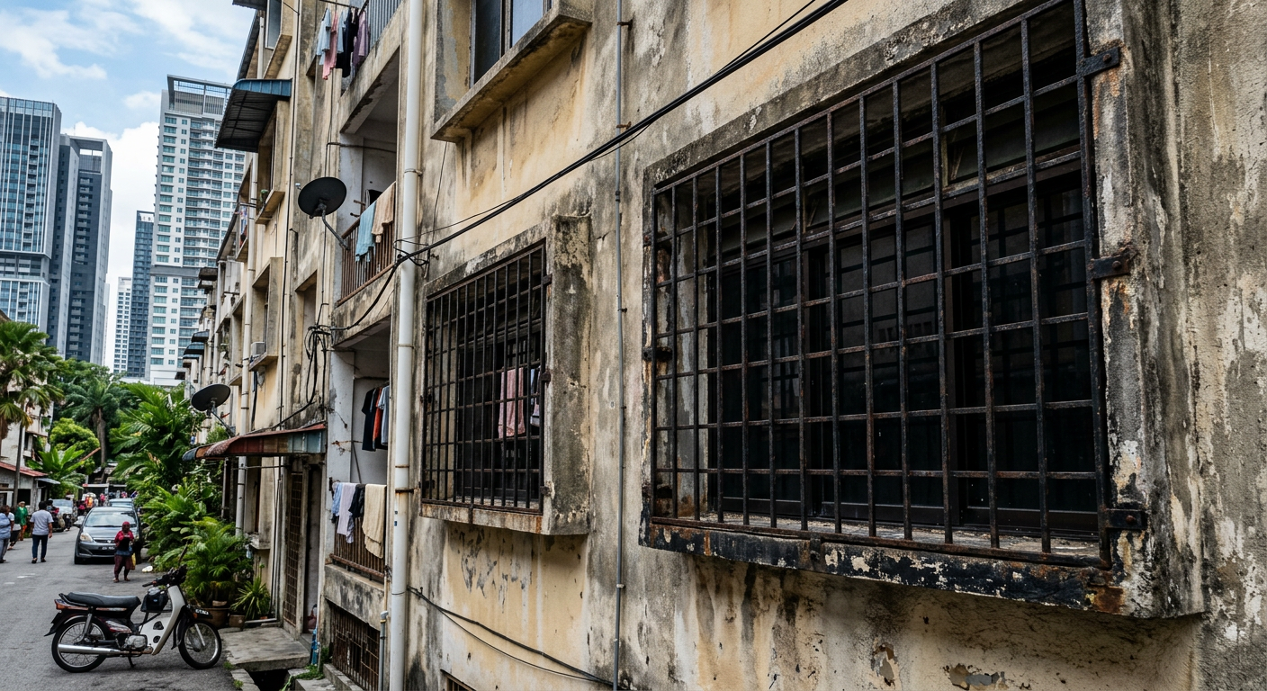 Traditional heavy metal window grills on an old Malaysian apartment building looking like prison bars