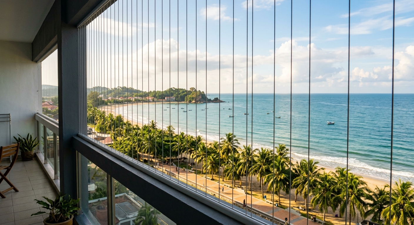 View from a Kuantan condo balcony over South China Sea beach with invisible grill cables and palm trees