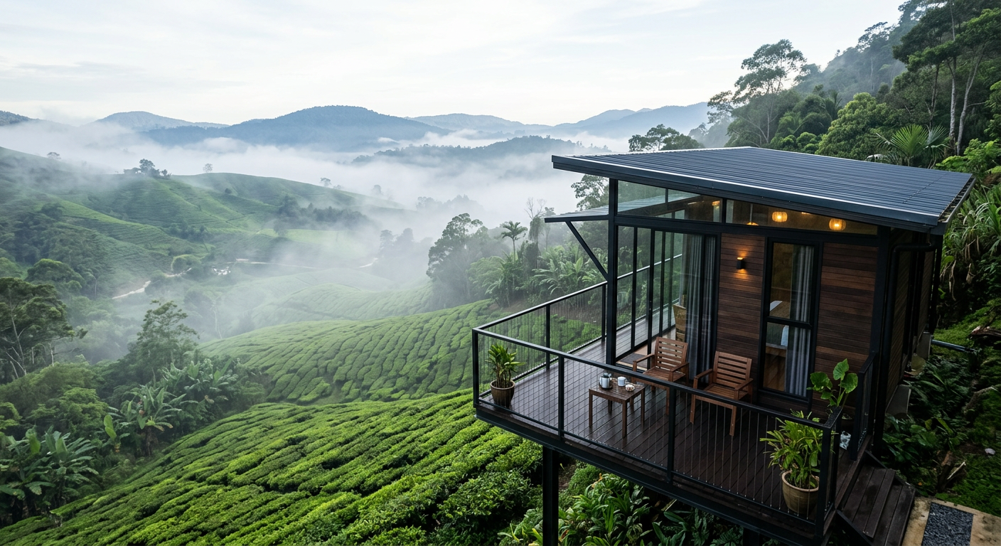Modern chalet in Cameron Highlands with invisible grill balcony overlooking tea plantations and misty hills