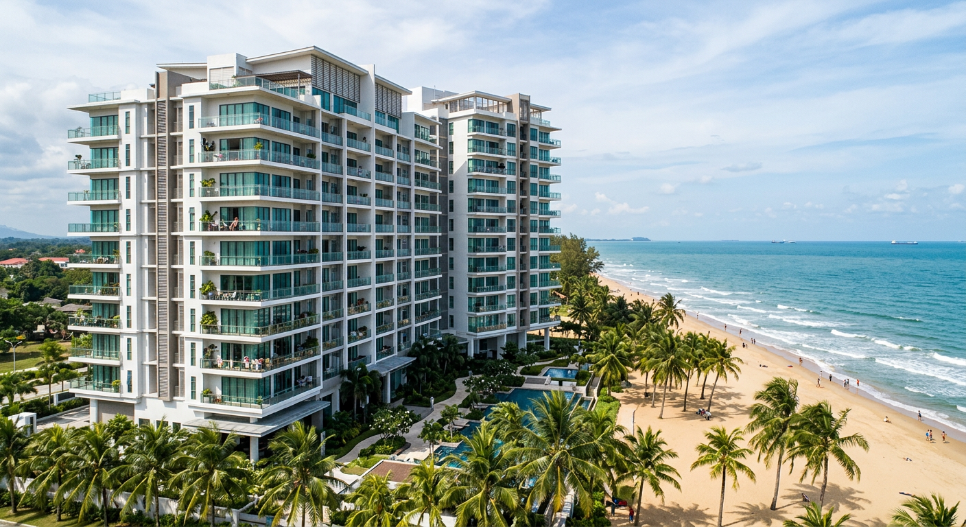 Coastal condominium building in Kuantan Pahang with South China Sea, beach and palm trees