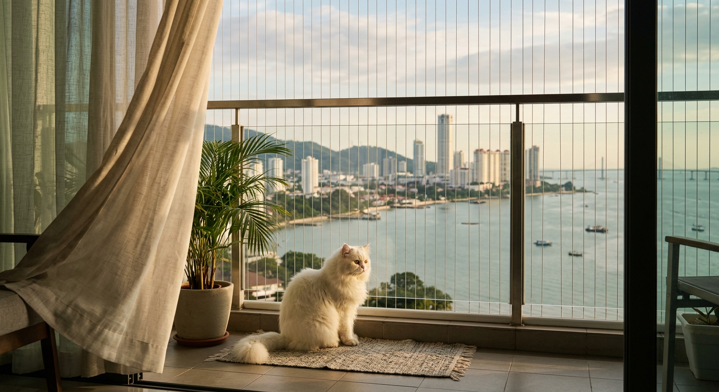 Persian cat sitting safely on a Penang condo balcony behind invisible grill cables with sea breeze and Penang skyline in background