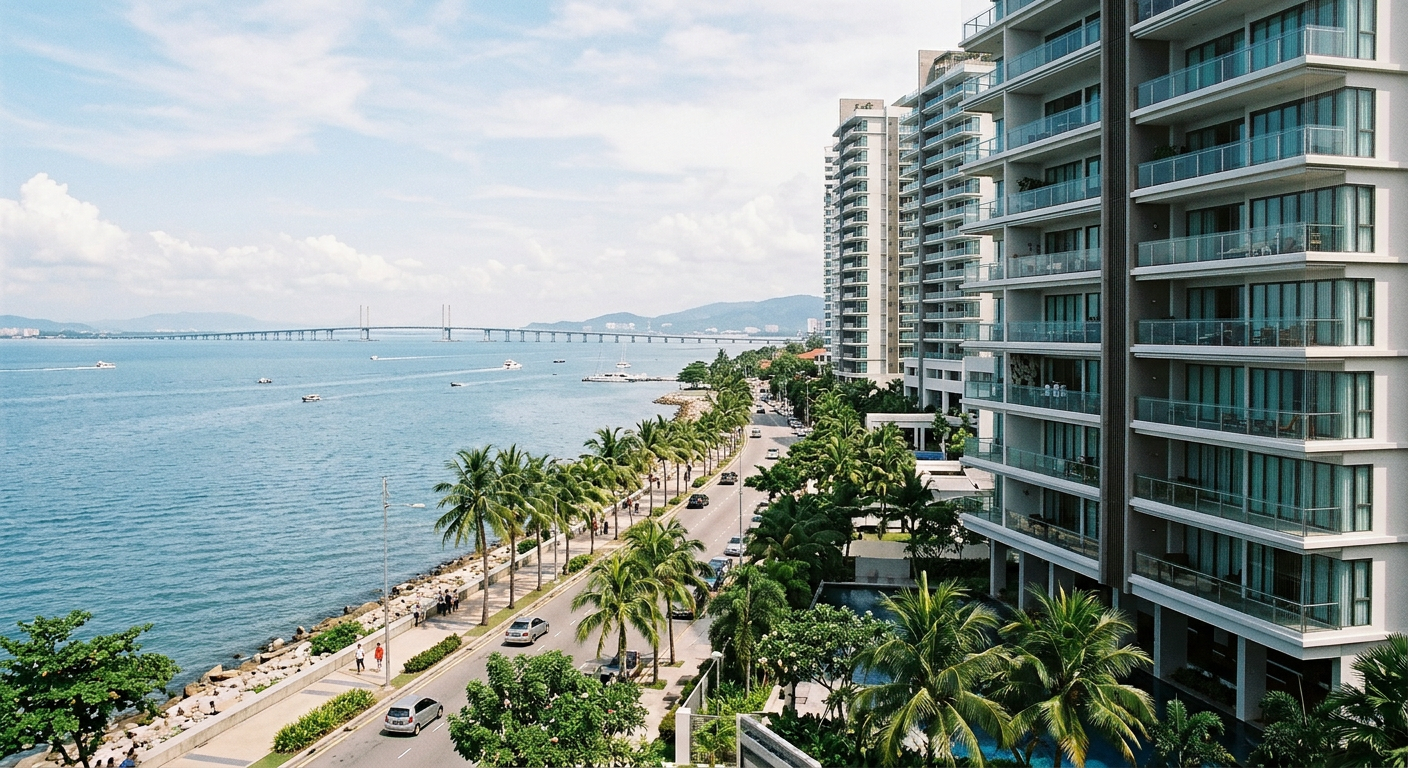 Seaside condominium along Gurney Drive Penang with the sea and Penang Bridge visible in background