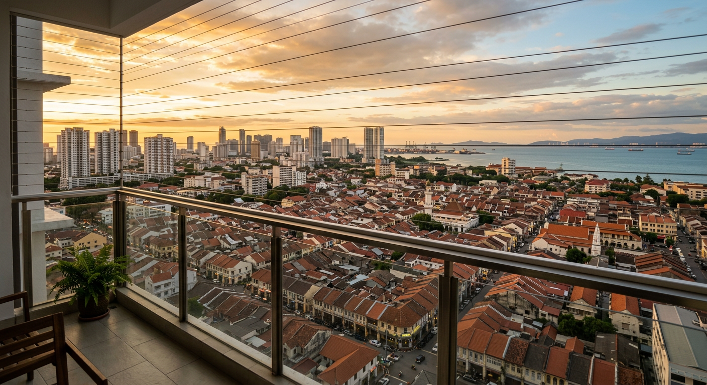 View from a Penang condo balcony overlooking Georgetown heritage rooftops toward the sea with invisible grill cables in foreground