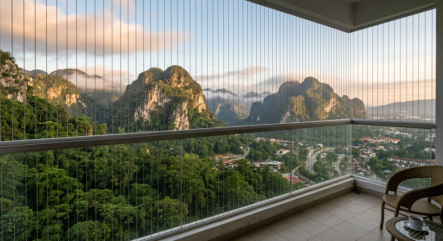 View from an Ipoh condo balcony looking out at dramatic limestone karst hills of Perak with invisible grill cables in foreground