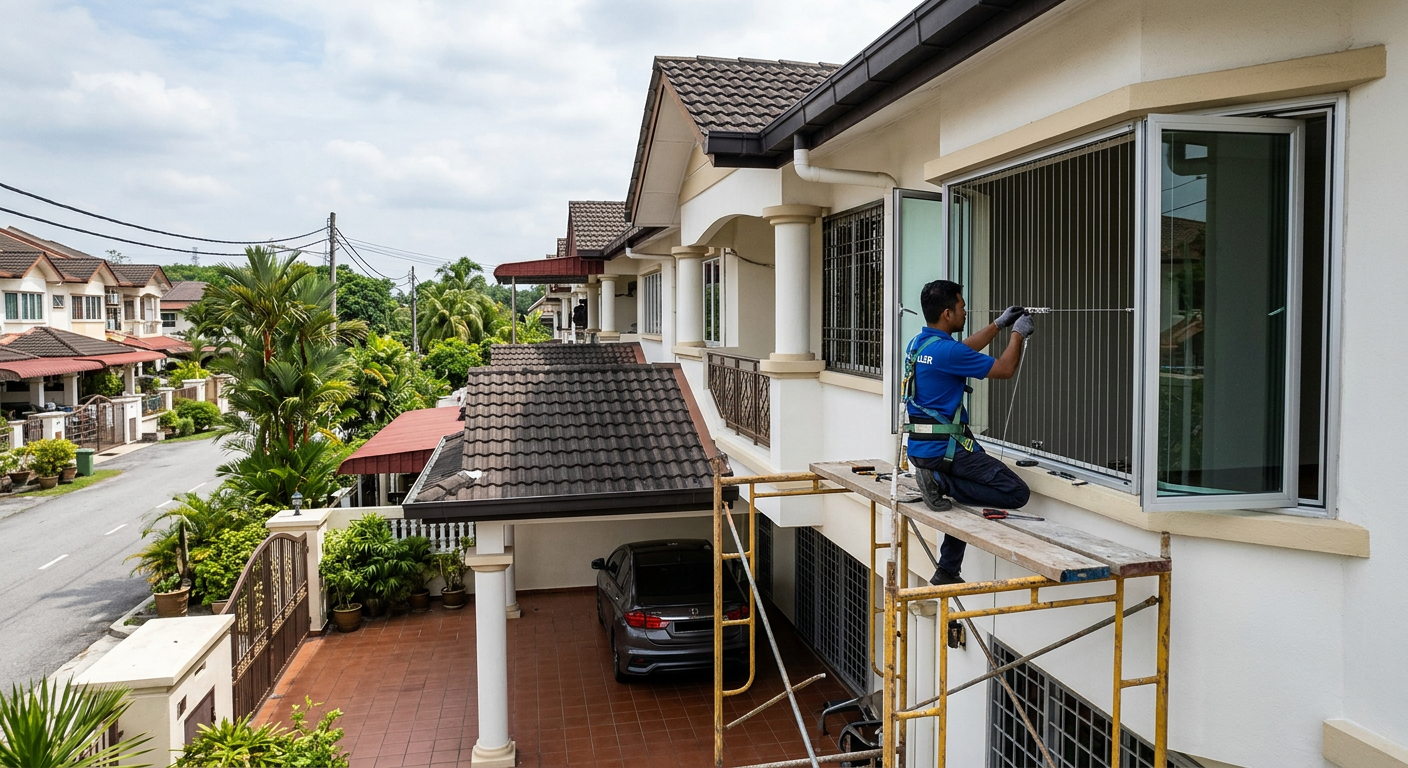 Invisible grill being installed on a double-storey landed house window in Ipoh Perak with typical Malaysian terrace house architecture
