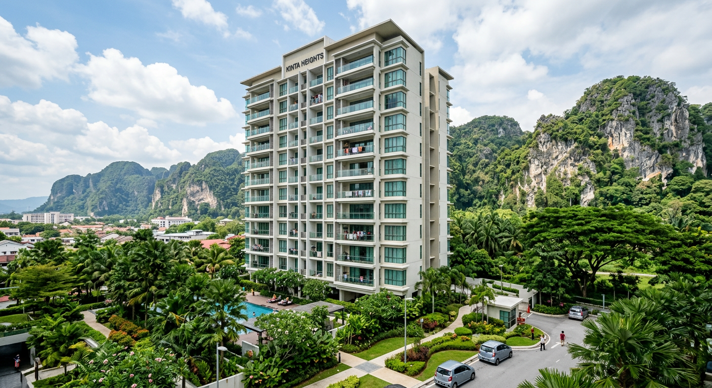 Modern apartment building in Ipoh Perak with limestone hills visible in background and invisible grill on balconies