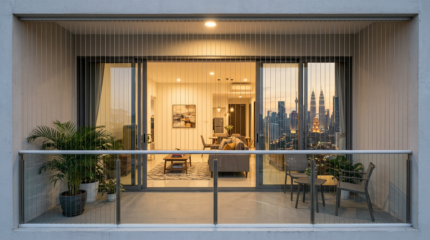 Completed invisible grill installation on a modern Malaysian high-rise condo balcony