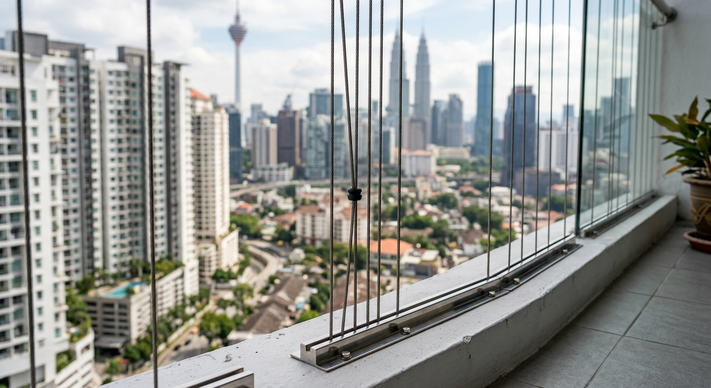 Close-up of stainless steel invisible grill cables installed on a Malaysian condo balcony with city view