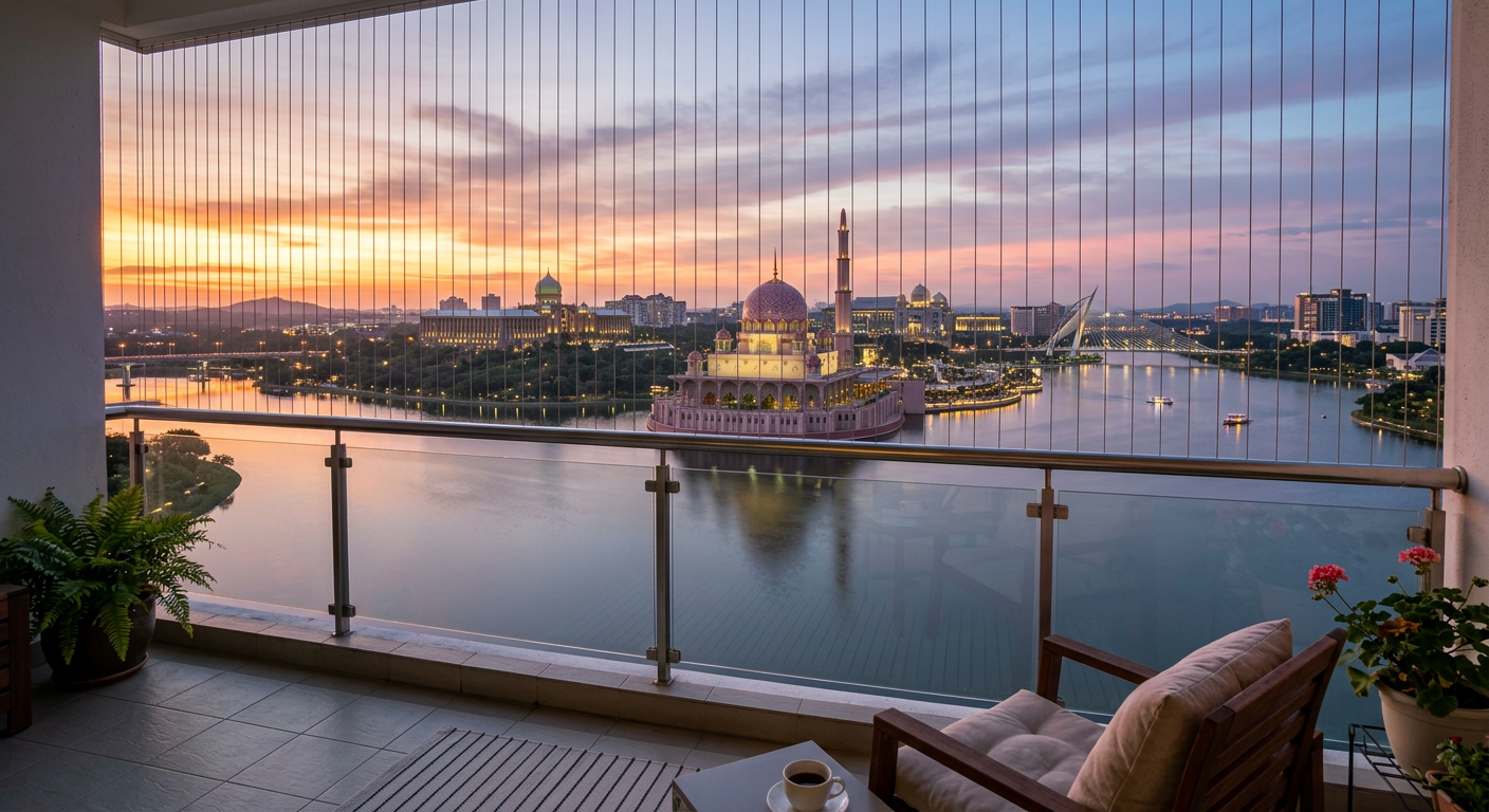 View from Putrajaya condo balcony overlooking Putrajaya Lake with pink Putra Mosque and invisible grill cables