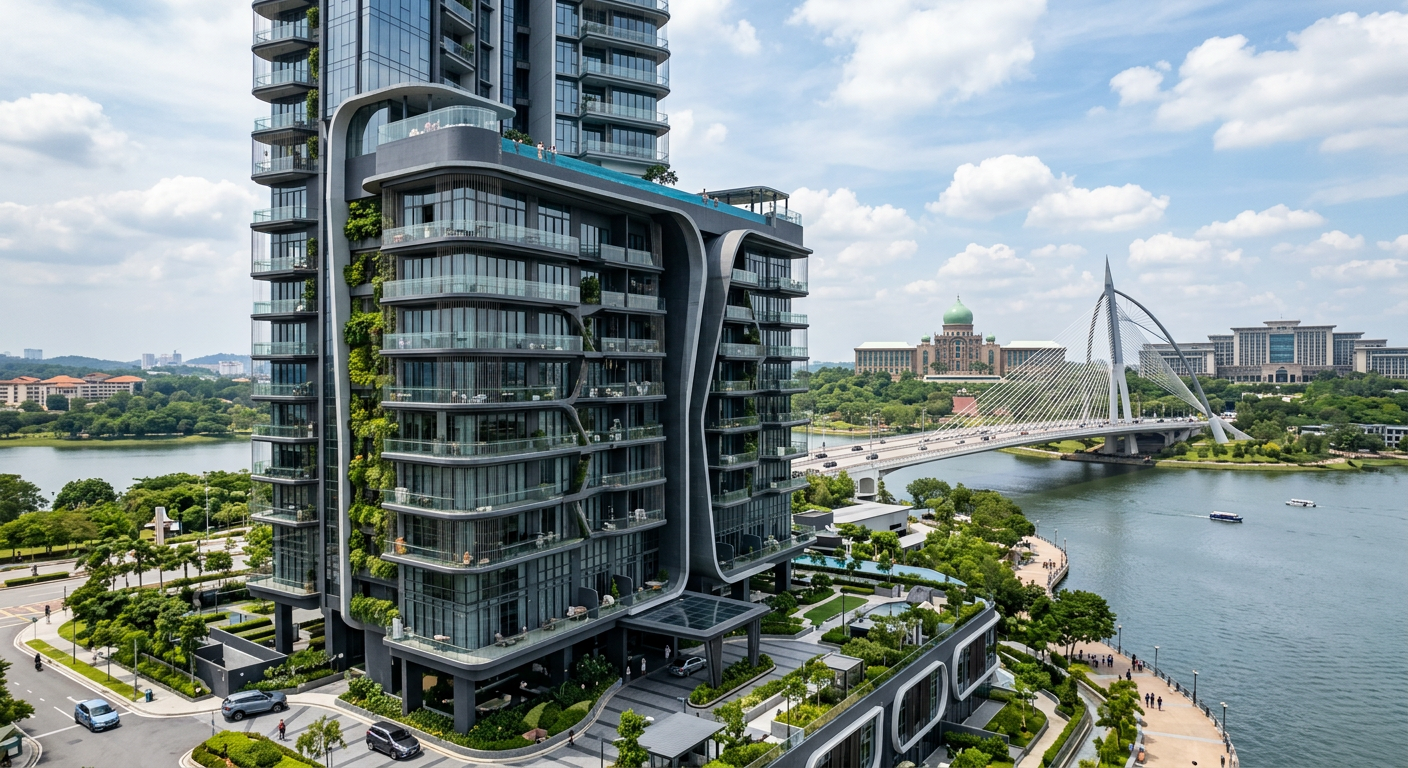 Ultra-modern condominium in Putrajaya with iconic bridge and government buildings in background