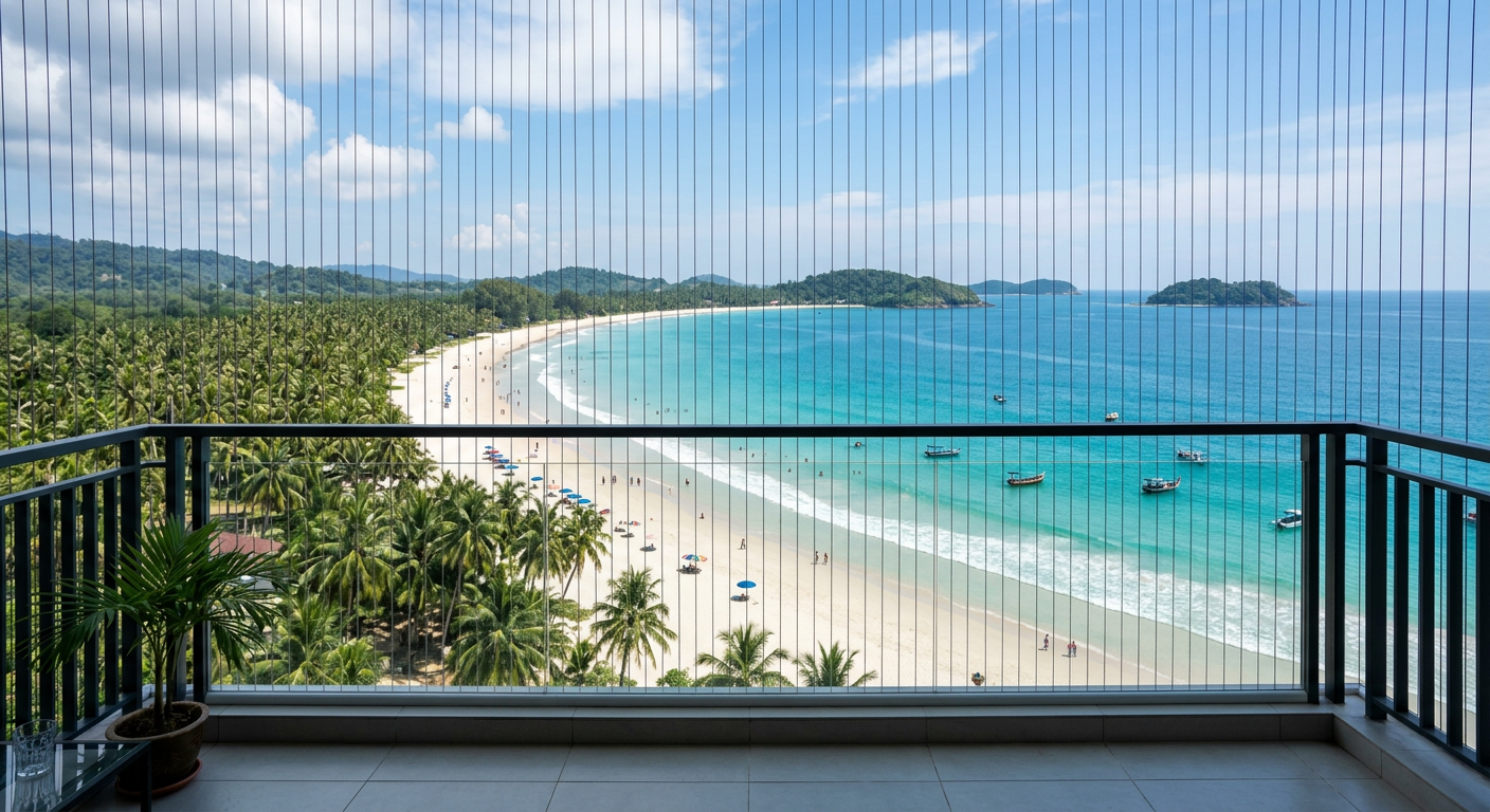 View from a Terengganu apartment balcony overlooking the east coast beach with invisible grill cables