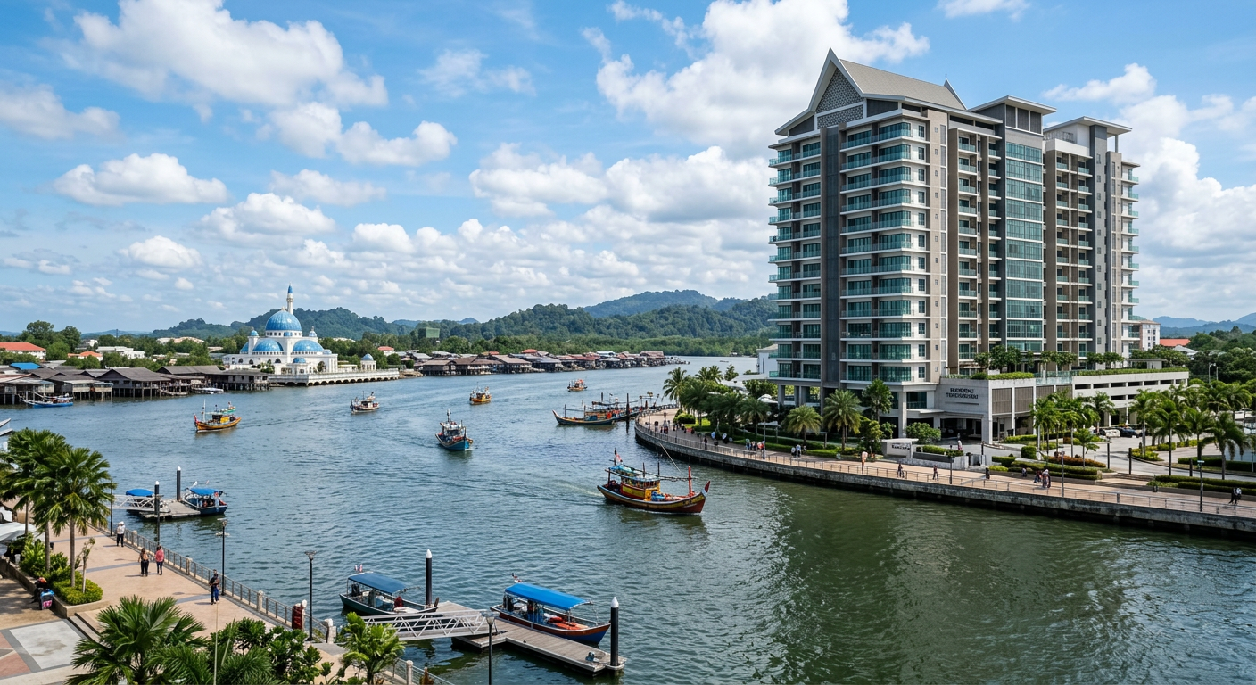 Modern apartment building in Kuala Terengganu near the waterfront with traditional fishing boats